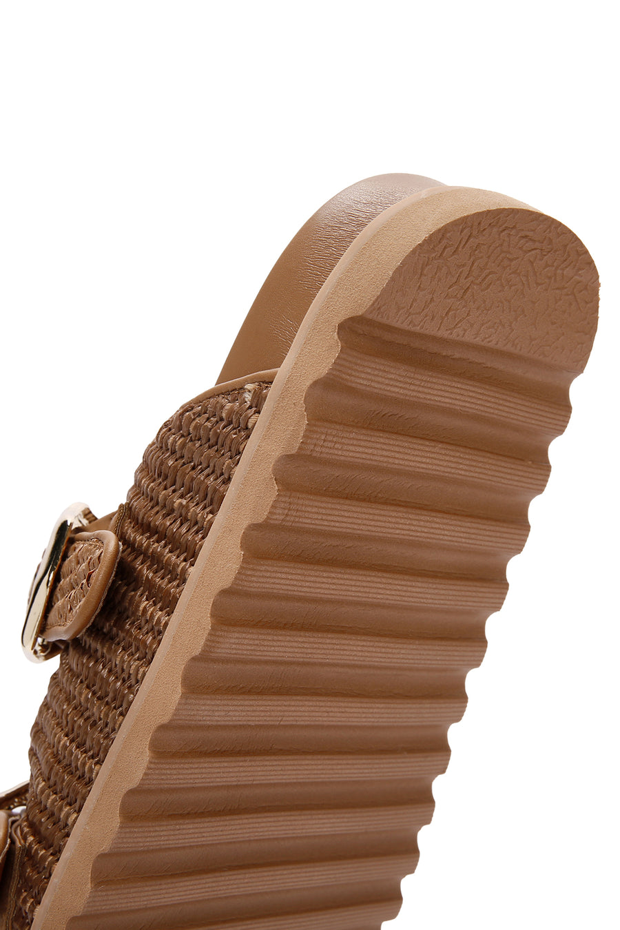 Women's Tan Double Buckle Straw Slippers