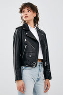 Newage Women's Black Slim-Fit Biker Leather Jacket | Derimod