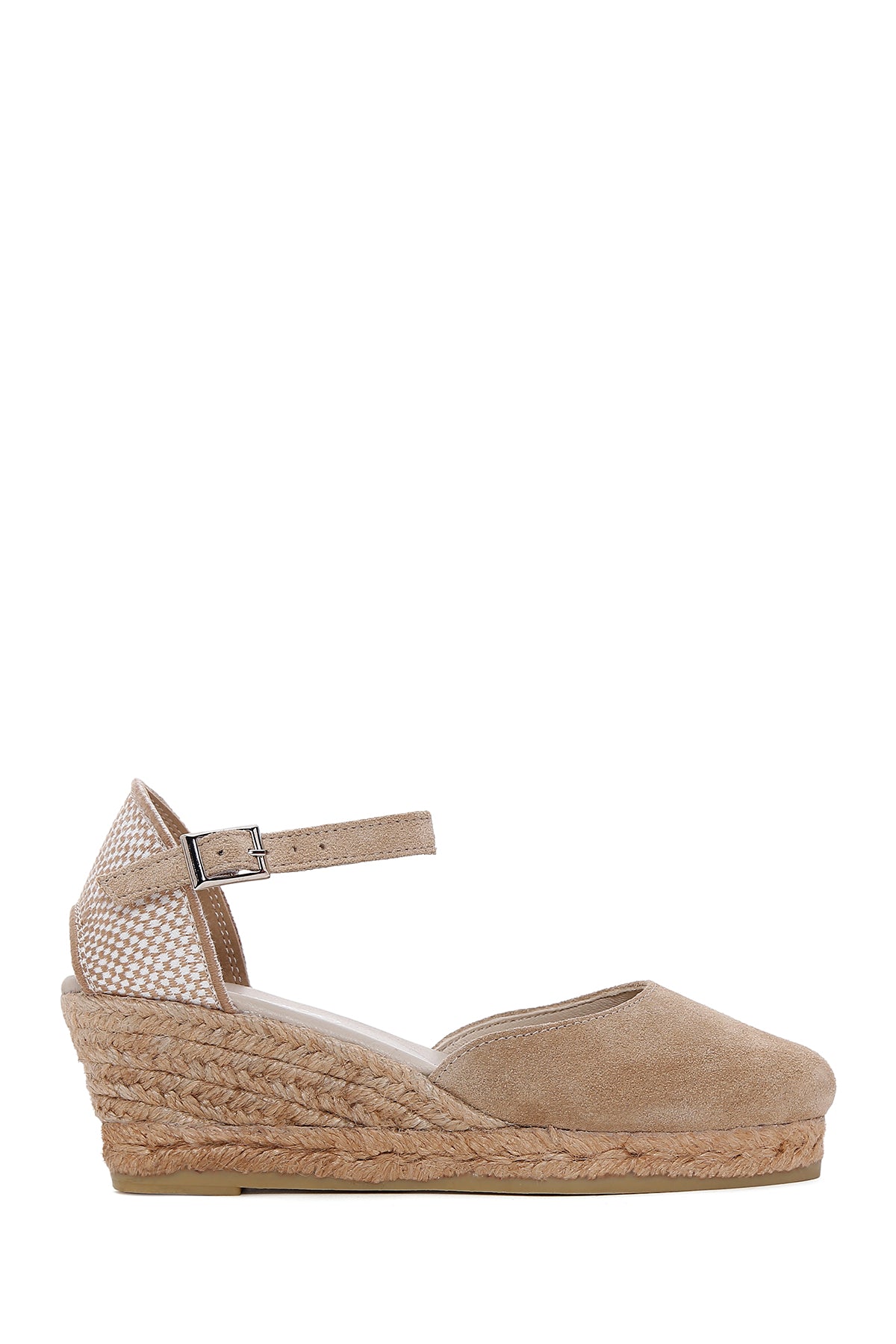 Women's Beige Ankle Strap Wedge Heels Suede Leather Espadrille 25SFD205710 | Derimod