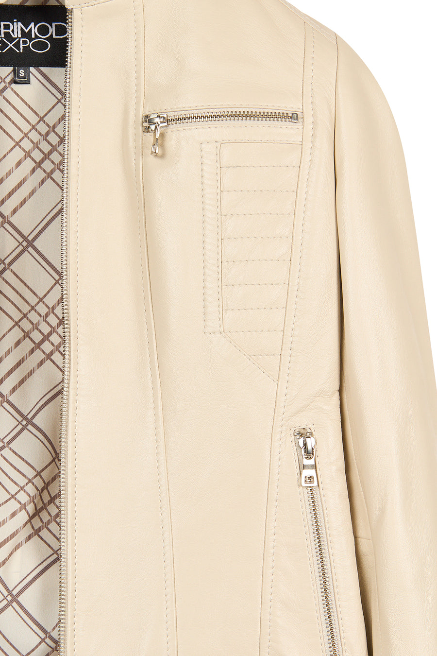 Marlyn Woman Beige Stand Collar Short Leather Jacket