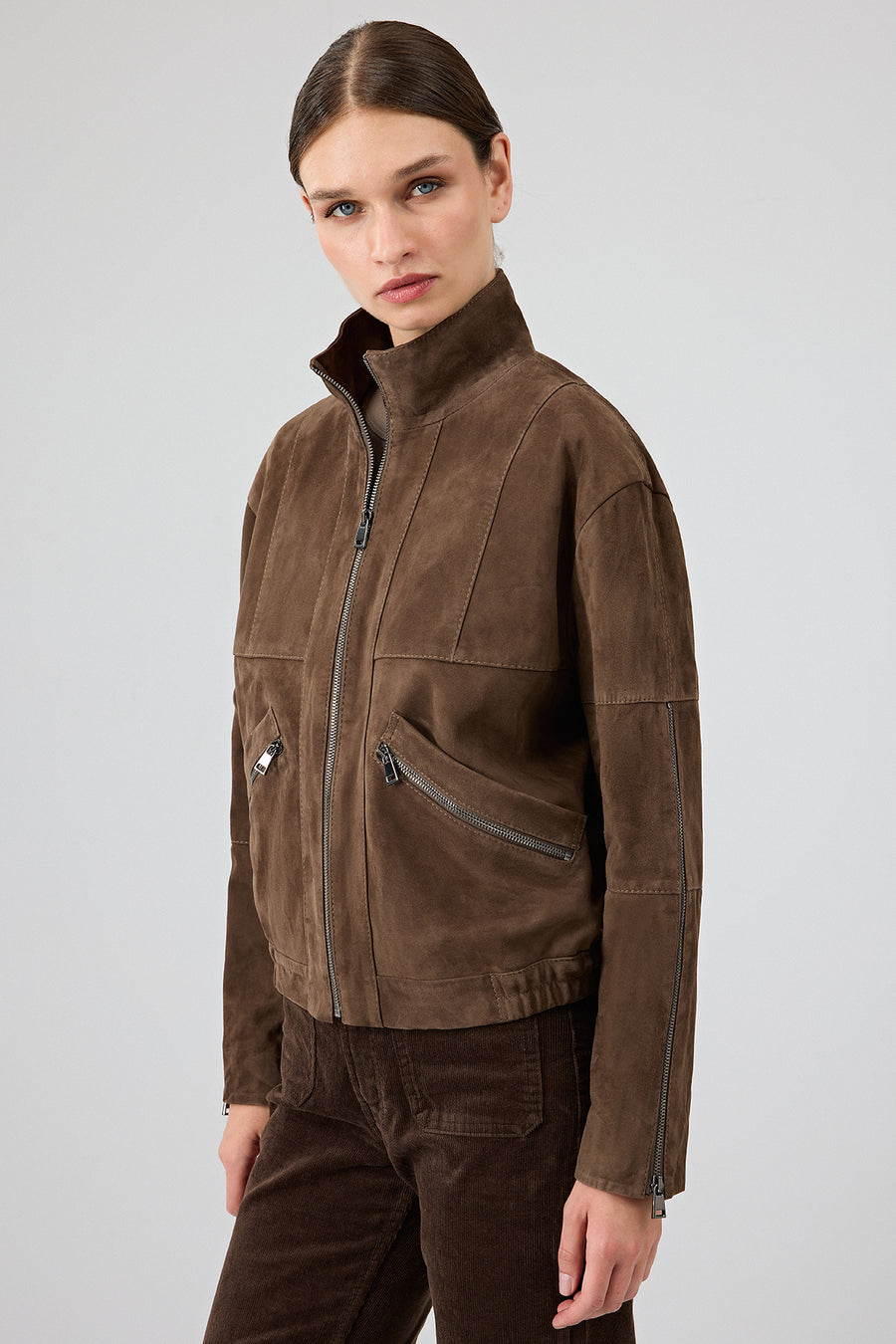 Gina Women's Brown Stand Collar Oversize Short Suede Leather Jacket