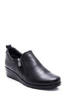 Women's Black Leather Wedge Heeled Comfort Shoes | Derimod