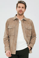 Navas Men's Beige Shirt Style Suede Leather Jacket | Derimod