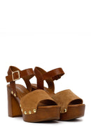 Woman Tan Ankle-Buckle Platform High Thick-Heeled Suede Sandal | Derimod