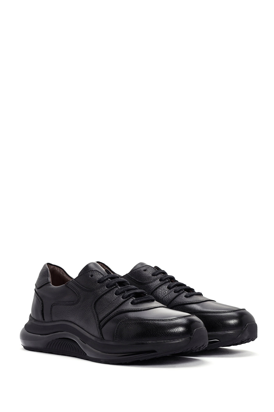 Erkek Siyah Bağcıklı Deri Casual Sneaker
