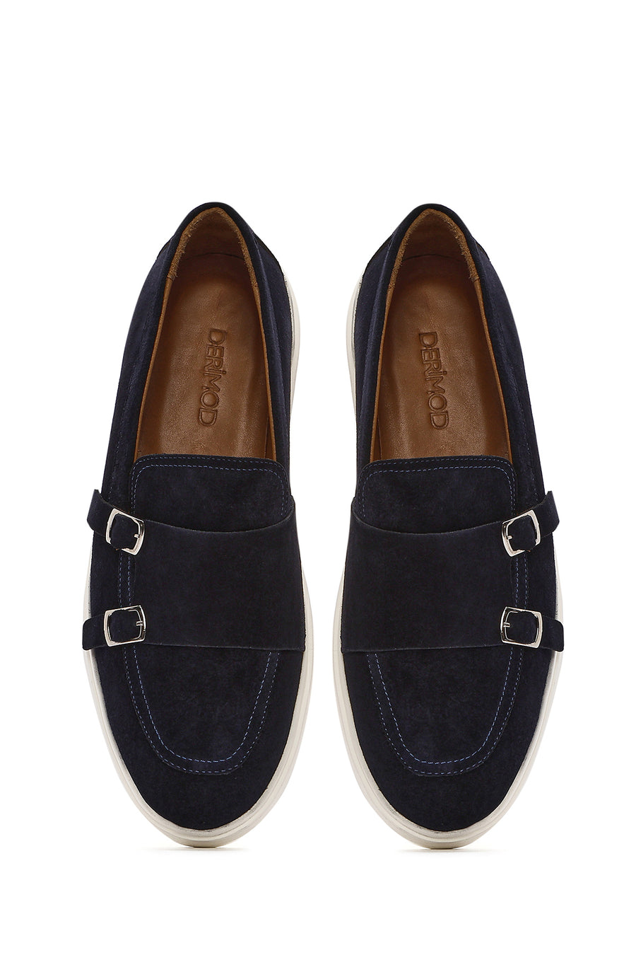 Men's Navy Blue Double Buckle Suede Leather Loafer