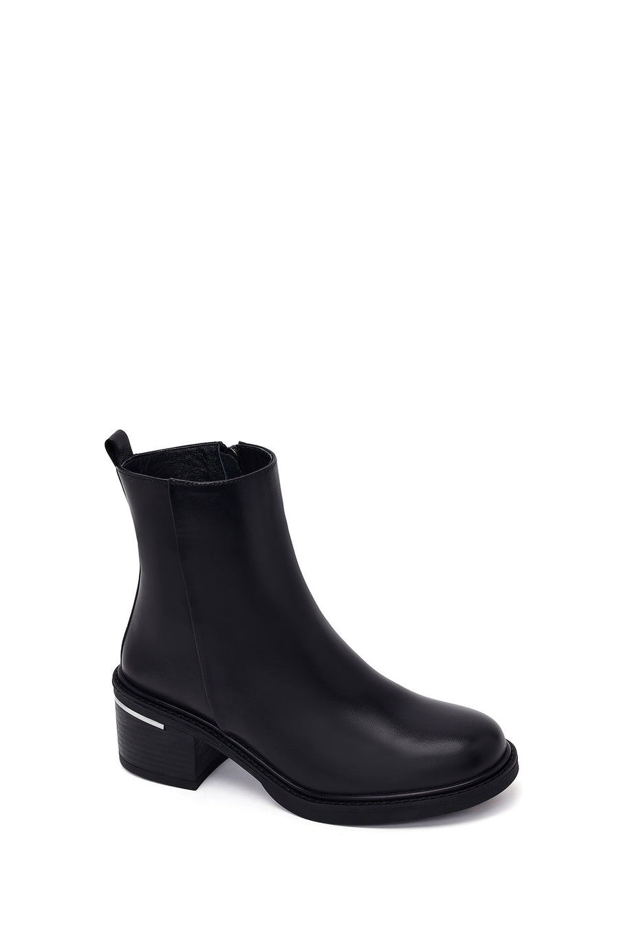 Woman Black Zip Closure Thick-Heeled Leather Boots