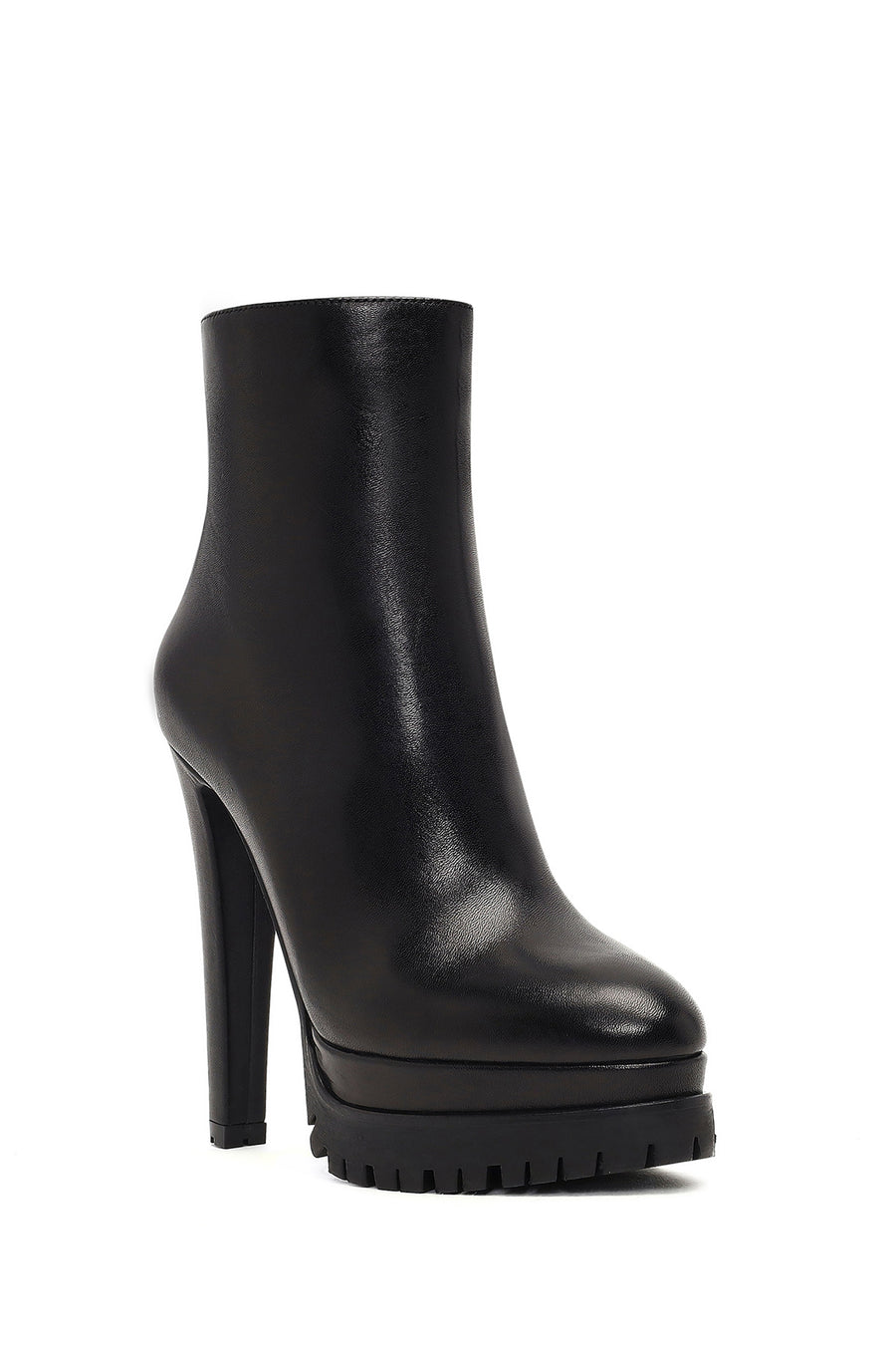 Woman Black Zip Closure Platform High Thick-Heeled Leather Boots