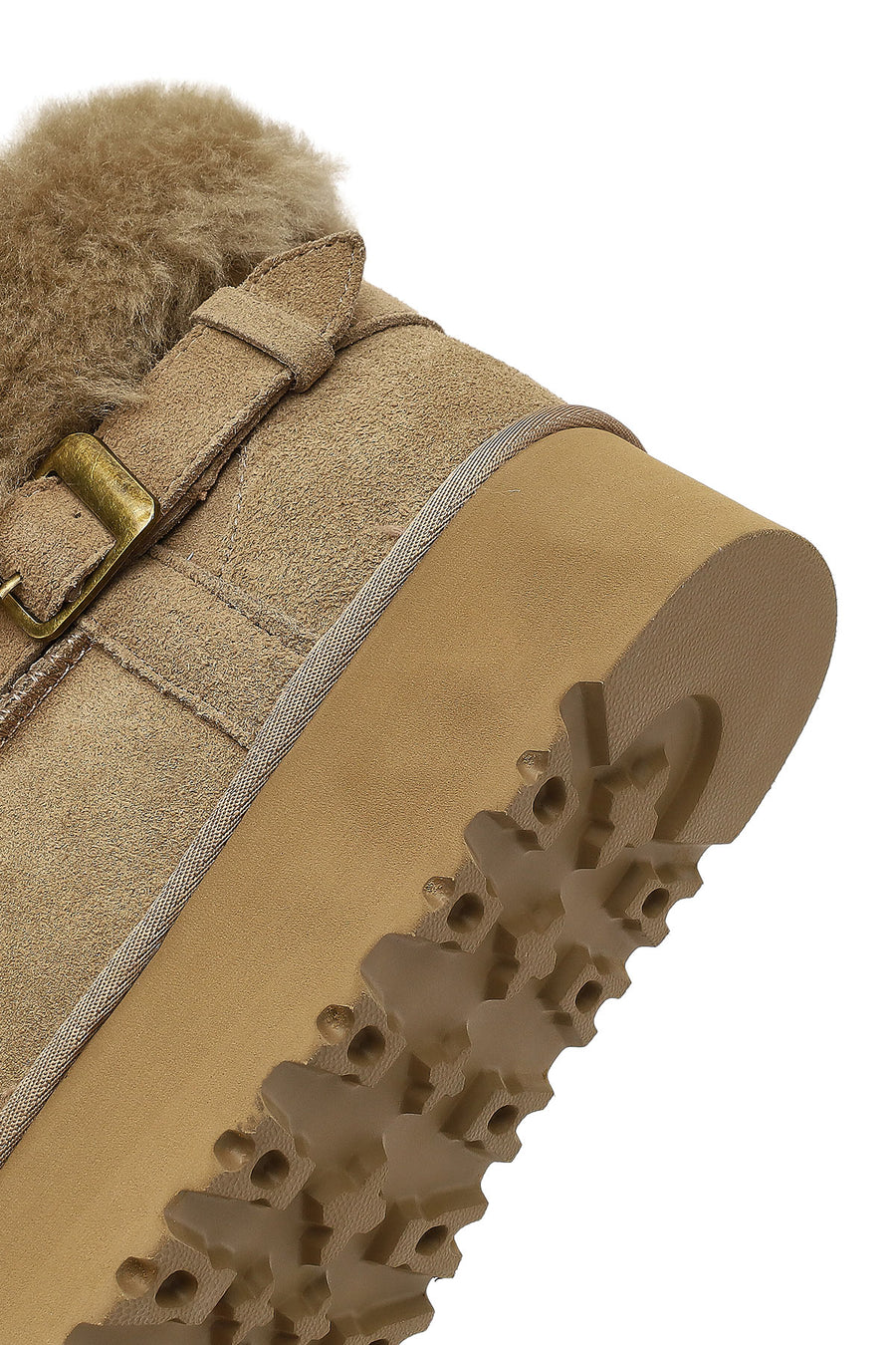 Women's Beige Thick-Soled Fur Detailed Suede Leather Teddy Boot