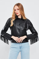 Luna Women's Black Tassel Detailed Leather Jacket | Derimod