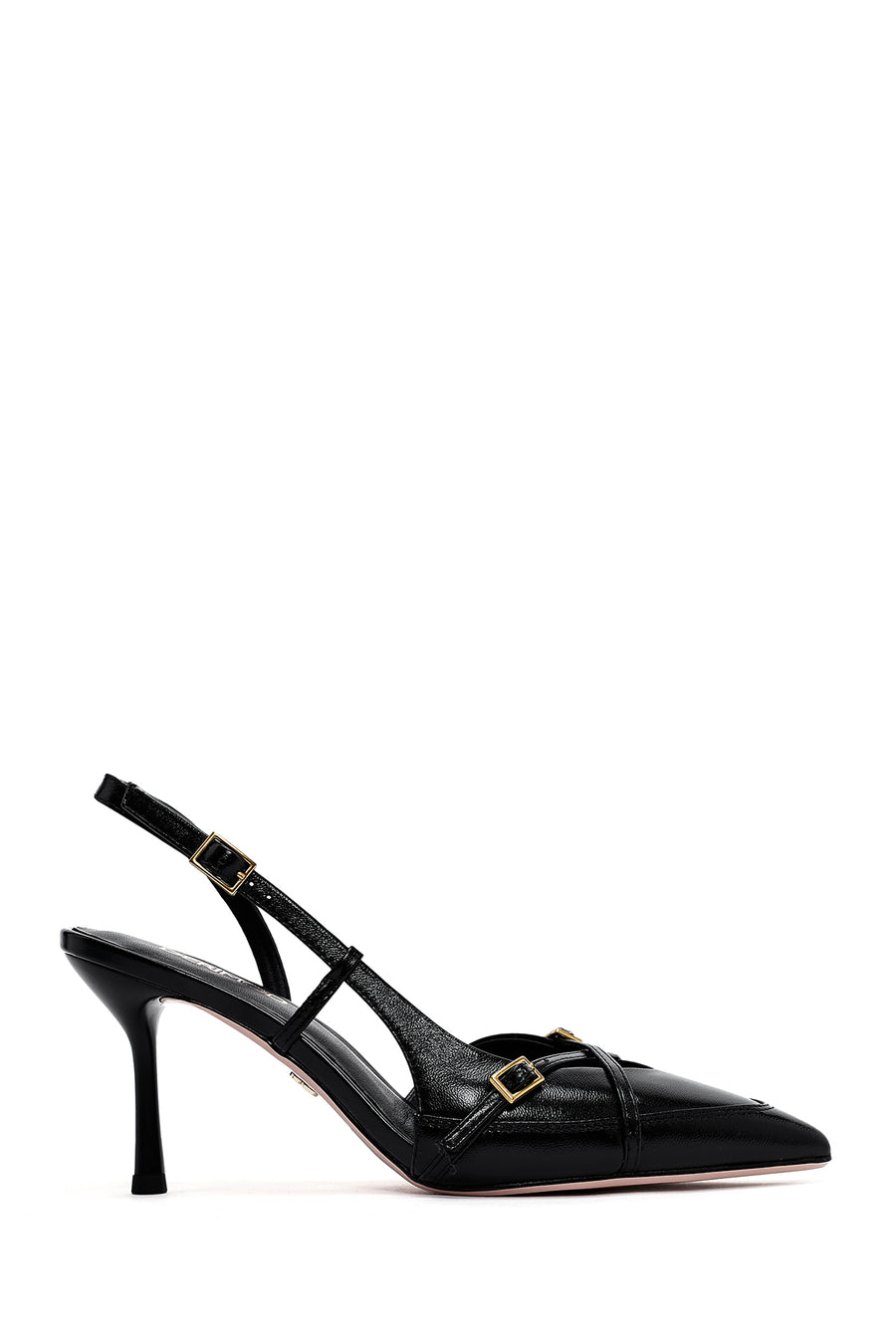 Women's Black Ankle Buckle Open Back Thin Heel Leather Shoes 25SFD494418 | Derimod