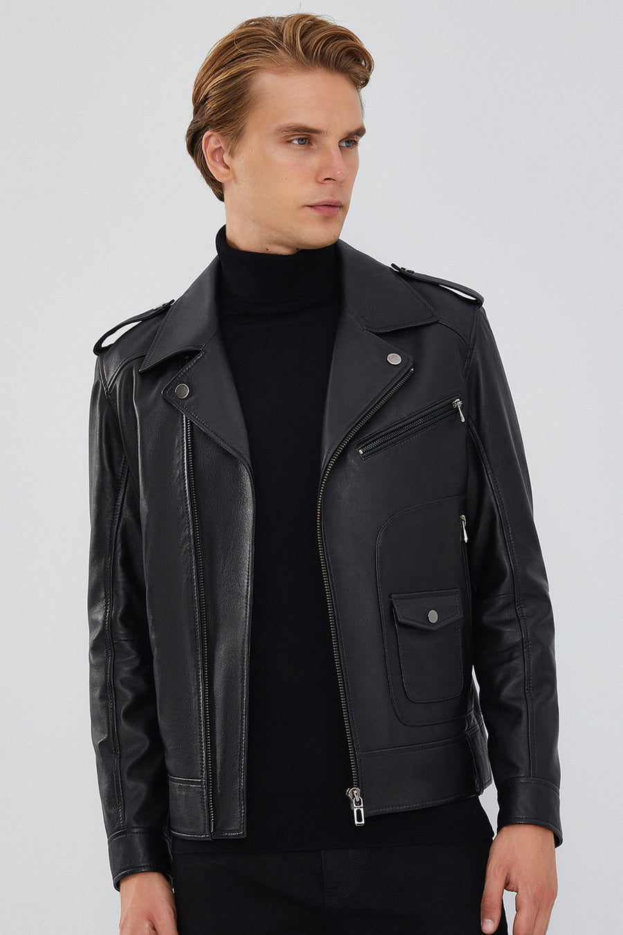Carter Men's Black Biker Leather Coat 23WGD6490R3 | Derimod