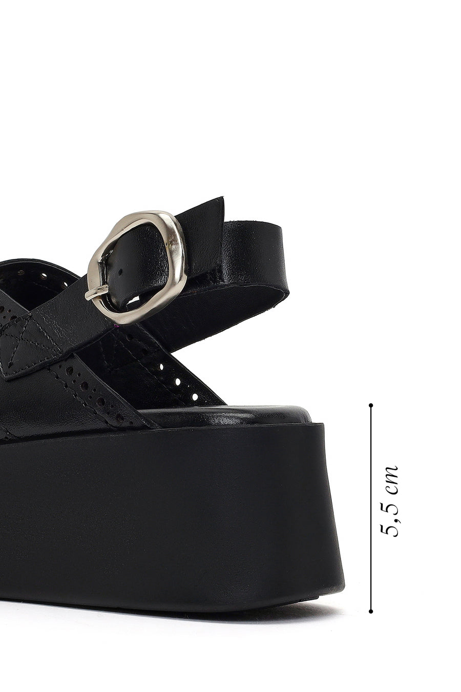 Women's Black Ankle Buckle Platform Wedge Leather Sandals