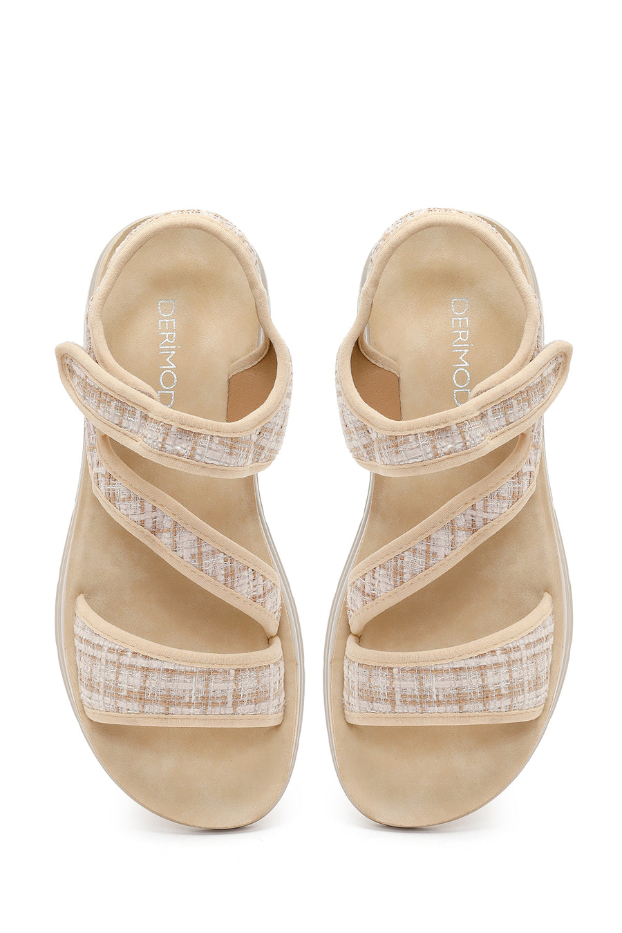 Women's Beige Chunky Sole Patterned Fabric Sandals