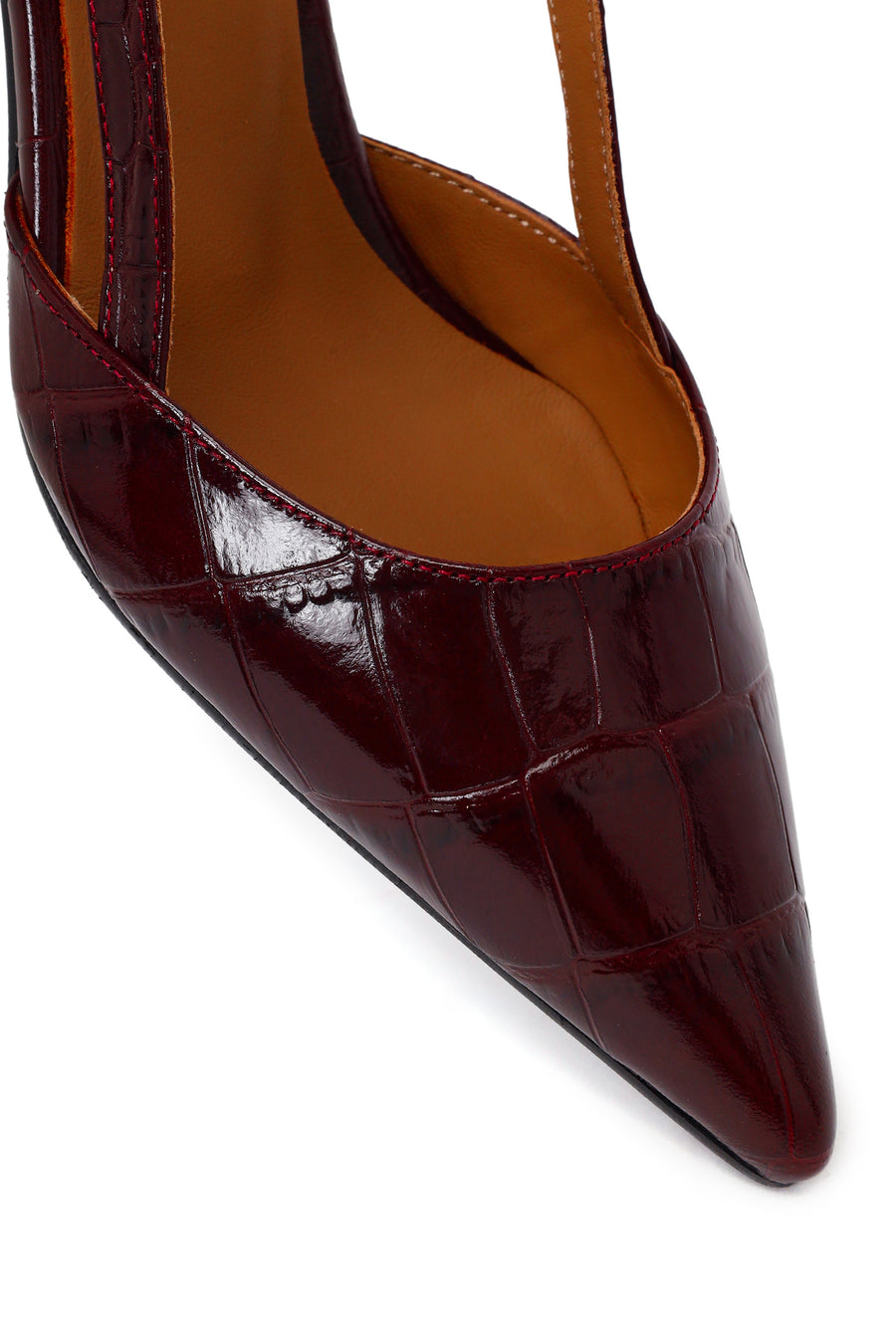 Woman Burgundy Backless Thin-Heeled Croc-Embossed Leather Shoes