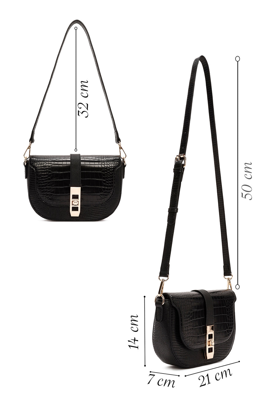 Women's Black Long Strap Crocodile Patterned Shoulder Bag