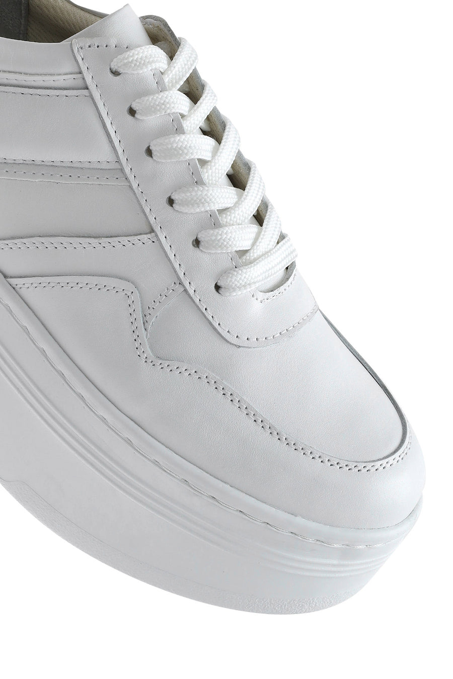 Women's White Lace-up Thick-Sole Leather Sneaker
