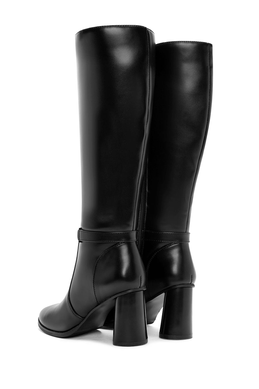 Women's Black Zippered Chunky High Heel Boots