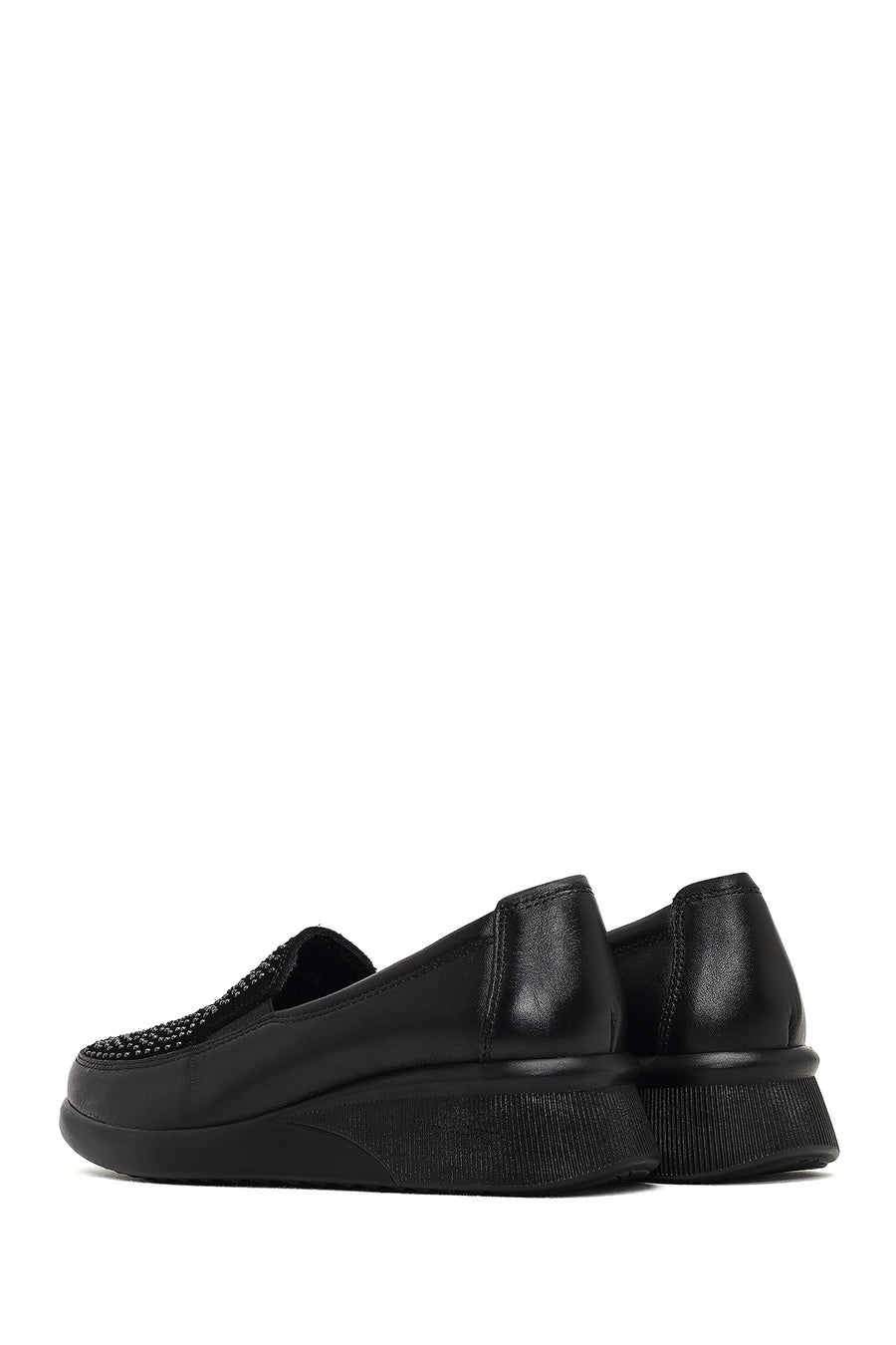 Woman Black Stone-Detail Wedge Heel Leather Comfort Shoes