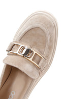 Women's Beige Suede Leather Heeled Loafer | Derimod