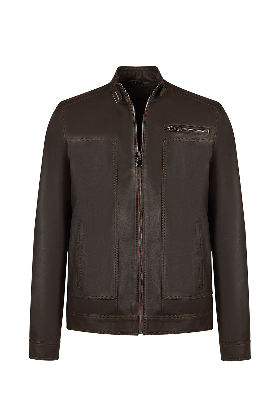Felibe Male Brown Mandarin Collar Leather Jacket