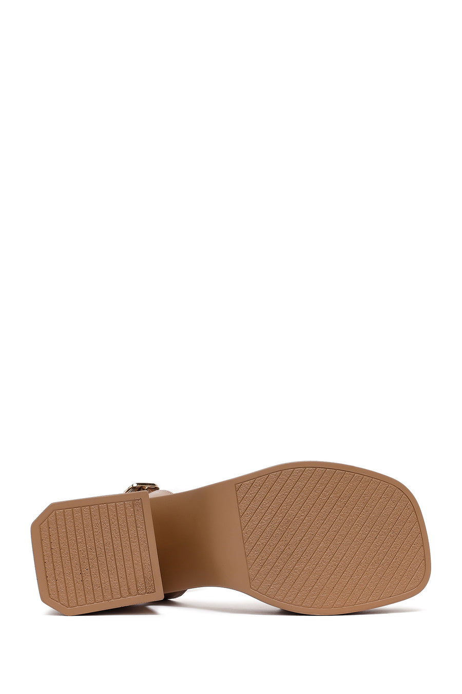 Woman Beige Ankle Buckle Thick Heel Platform Leather Sandals