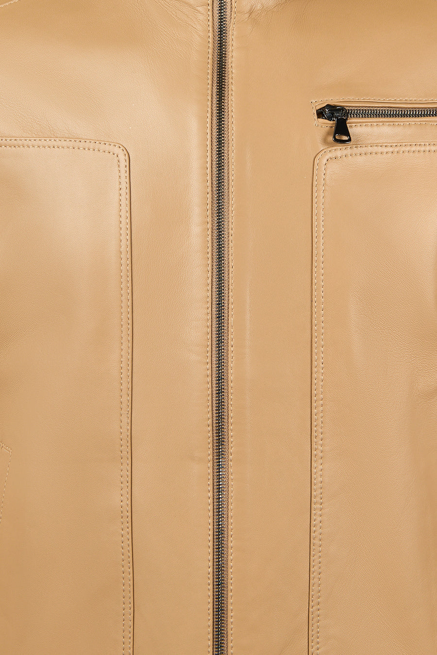 Felibe Male Beige Mandarin Collar Leather Jacket