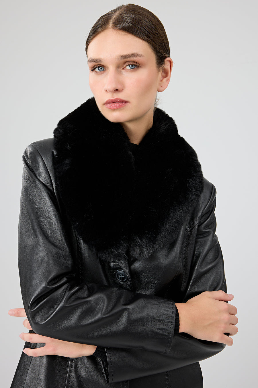 Christina Women's Black Fur Long Leather Coat