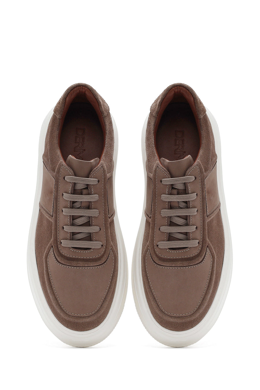 Men's Beige Lace-Up Thick-Sole Suede Leather Sneakers