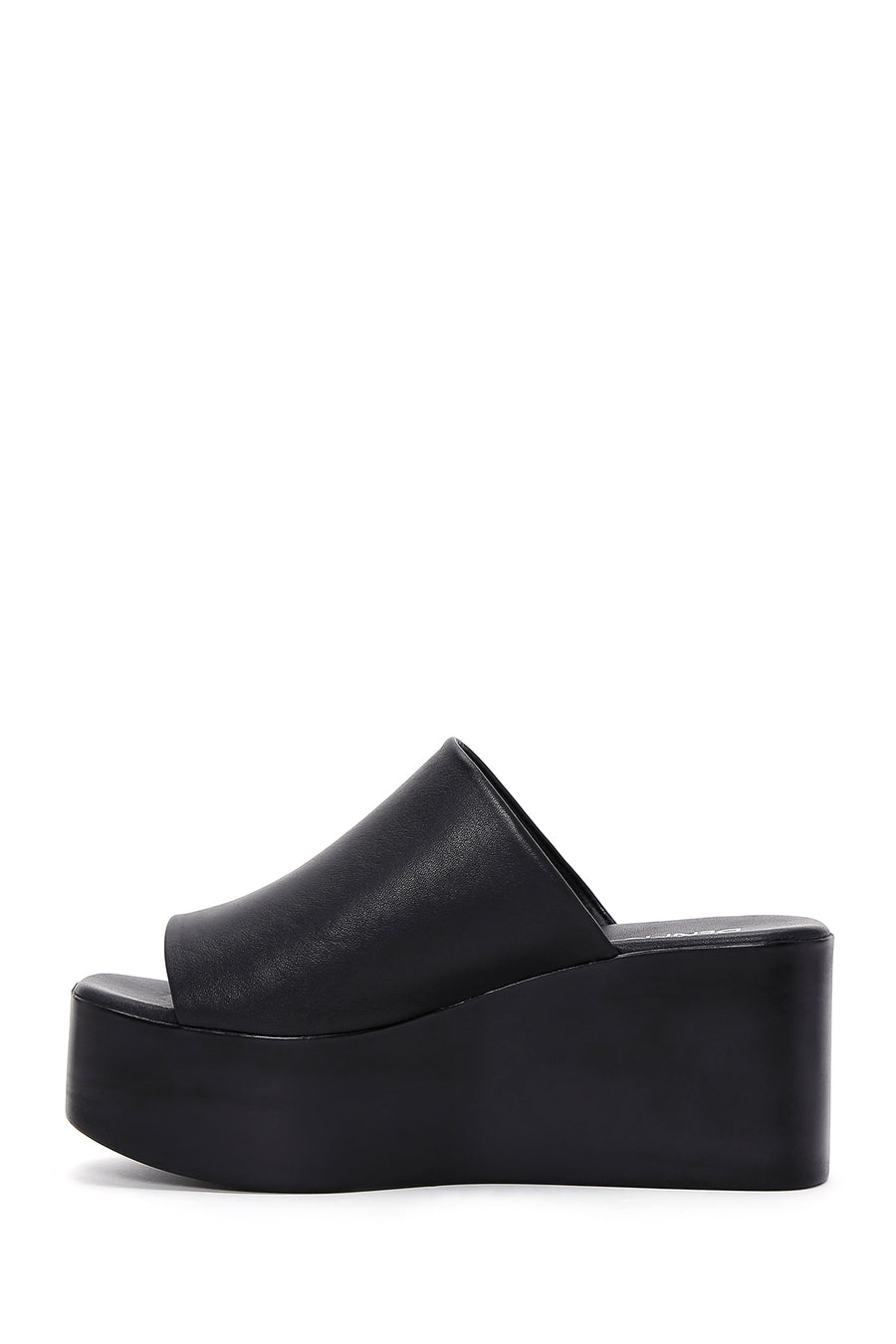 Women's Black Wedge Heeled Leather Slippers
