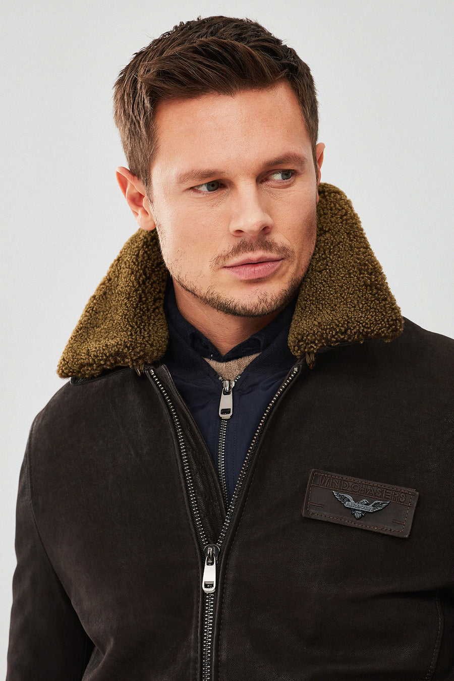 Falcon Men's Brown Embroidered Collar Fur Leather Pilot Jacket