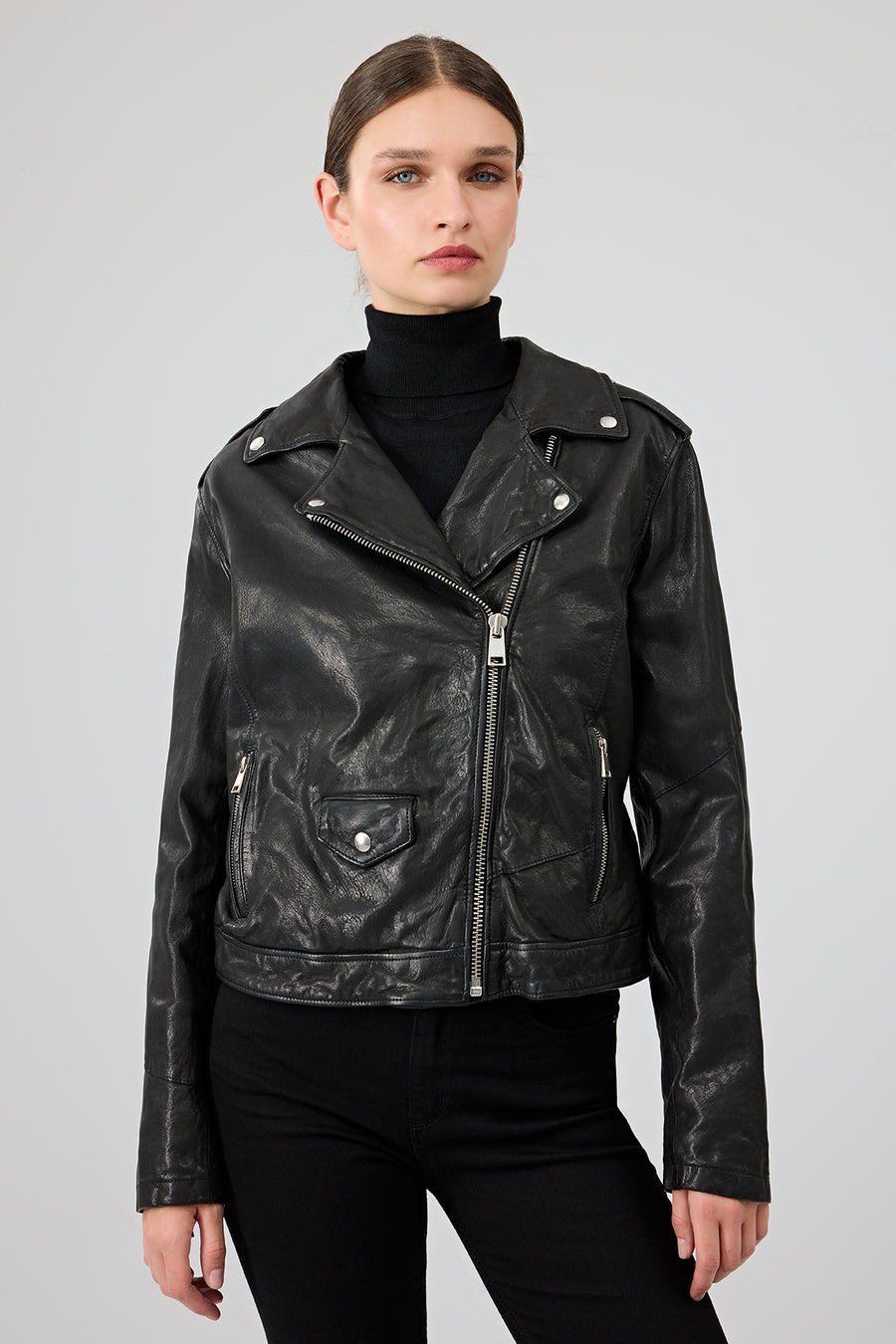 Blondy Women's Black Double Breasted Leather Jacket 24WGD5268VE | Derimod