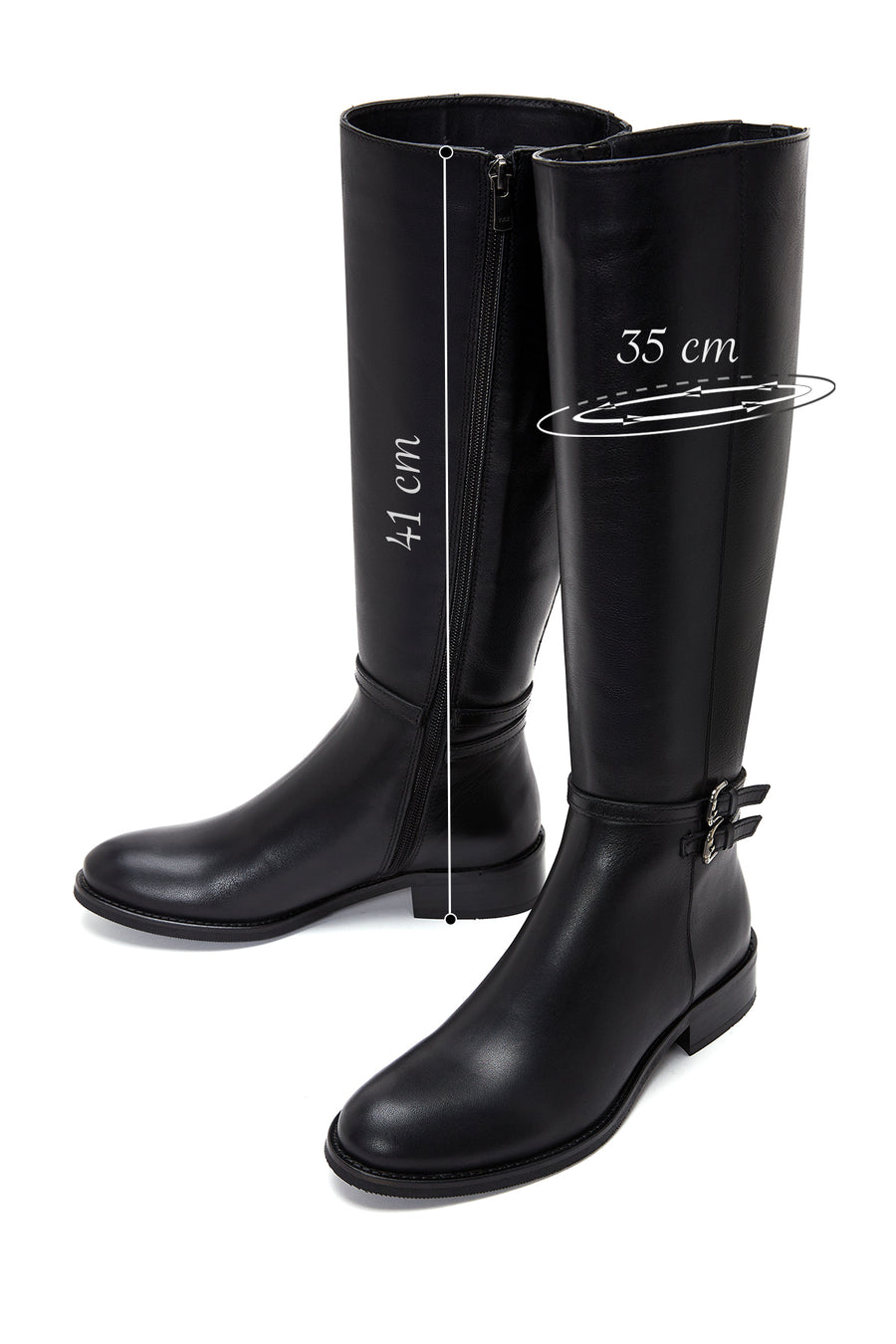 Woman Black Zippered Buckle Detail Leather Boot