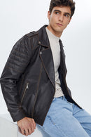 Speedy Men's Black Leather Slim-Fit Biker Jacket | Derimod