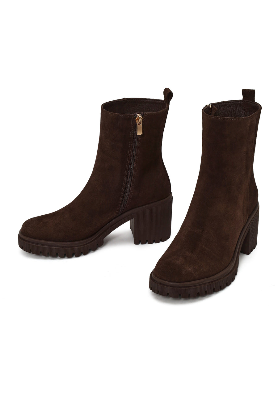 Woman Brown Zip Closure Chunky-Heeled Suede Leather Boots