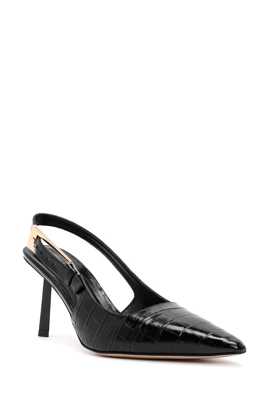 Women's Black Crocodile Patterned Open Back Thin Heeled Leather Shoes