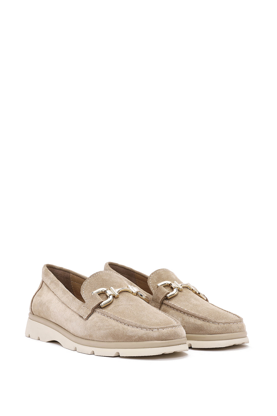 Women's Beige Buckle Detailed Suede Leather Comfort Loafer