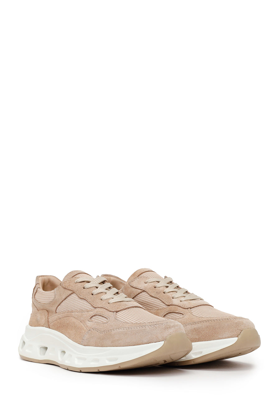 Woman Beige Lace-Up Thick-Soled Suede Leather Sneaker