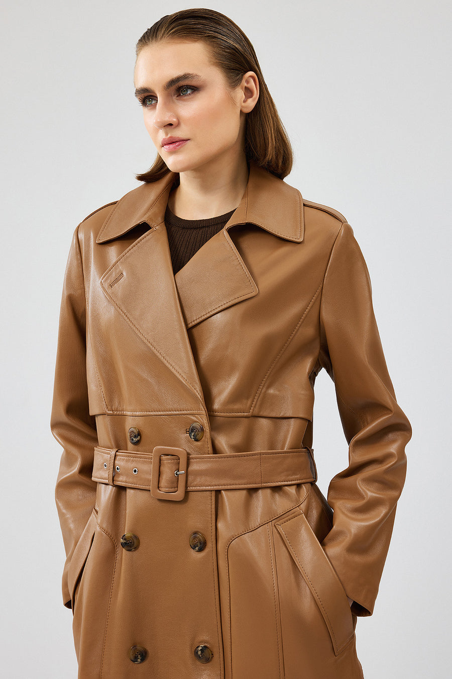 Natalia Women's Brown Leather Trench Coat