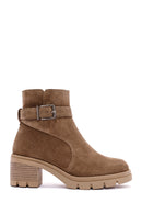 Women's Brown Zippered Thick Heel Suede Leather Boots | Derimod