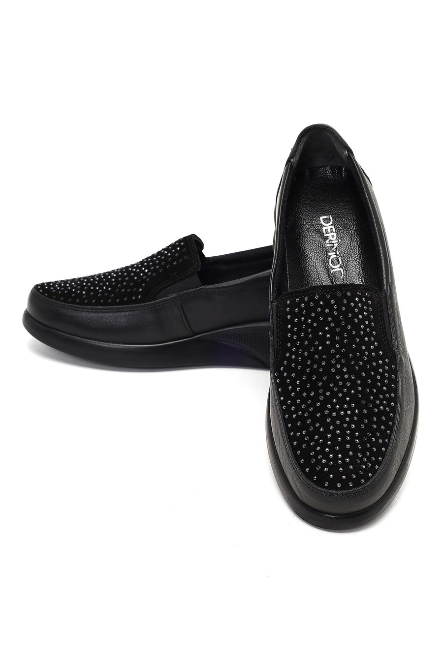 Woman Black Stone-Detail Wedge Heel Leather Comfort Shoes