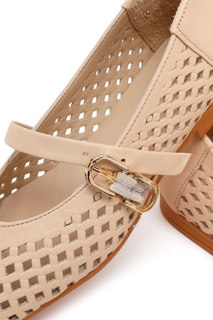 Women's Beige Buckled Leather Ballerinas