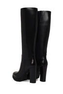 Woman Black Zip Closure High Thick-Heeled Leather Boots | Derimod