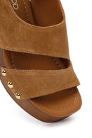 Women's Tan Suede Leather Sandals with Buckle Back and Platform Heel | Derimod