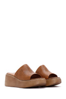 Women's Tan Wedge Heeled Leather Comfort Slippers | Derimod