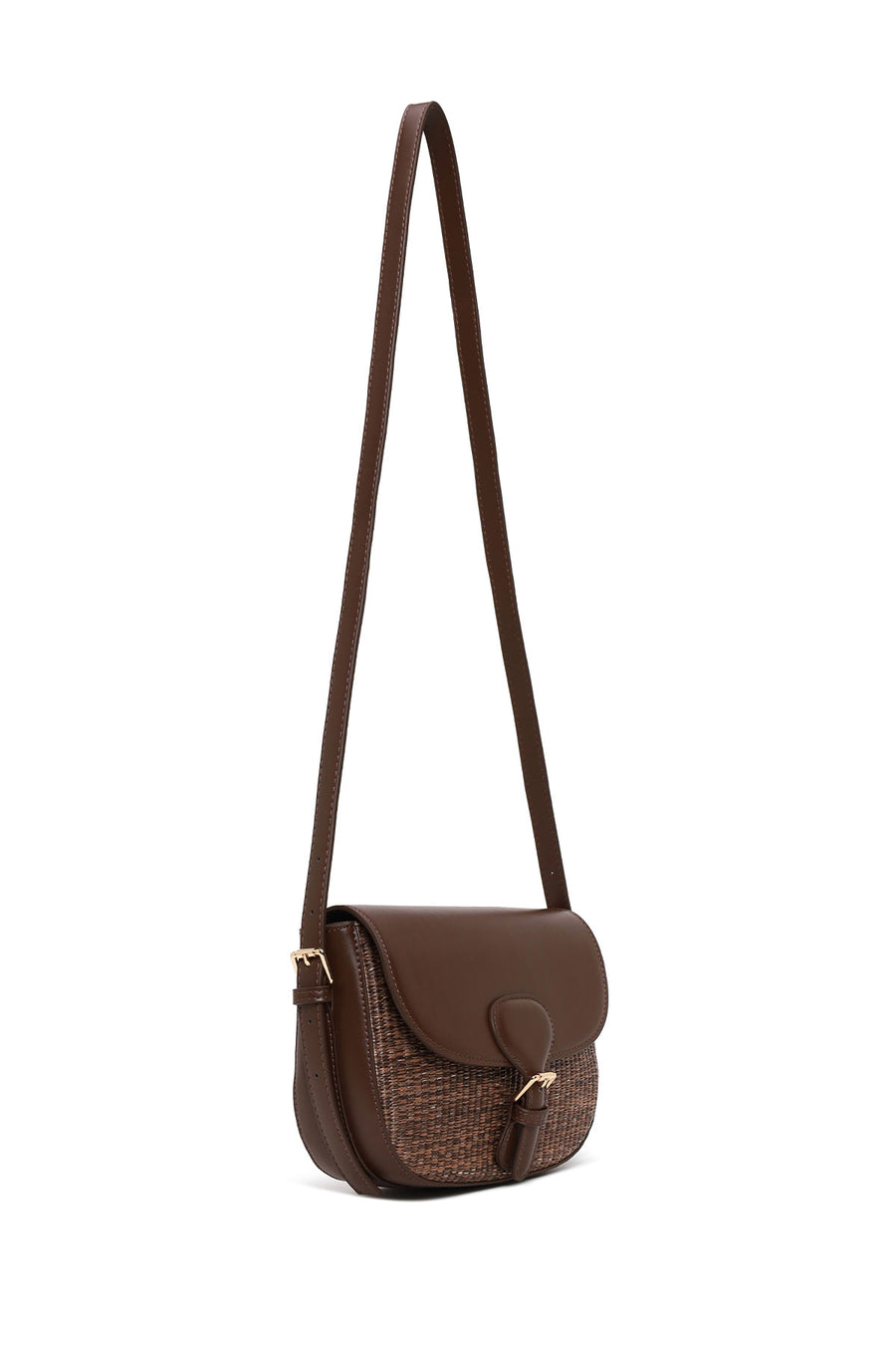 Woman Brown Long-Strap Wicker Crossbody Bag