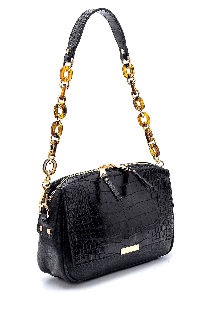 Women's Crocodile Patterned Shoulder Bag with Strap Detail