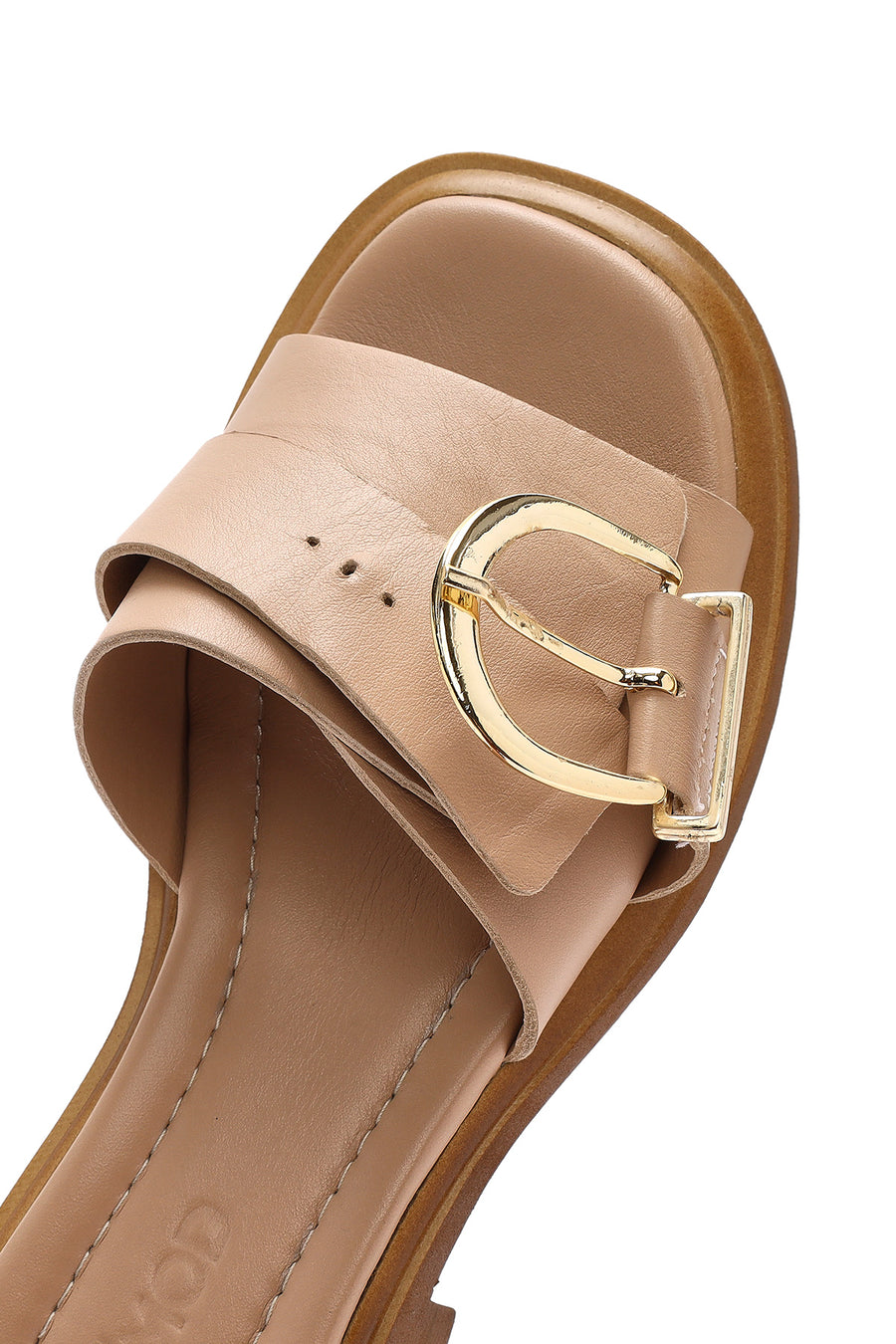 Women's Beige Buckled Leather Slippers