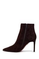 Woman Brown Zip Closure Thin-Heeled Suede Boots | Derimod