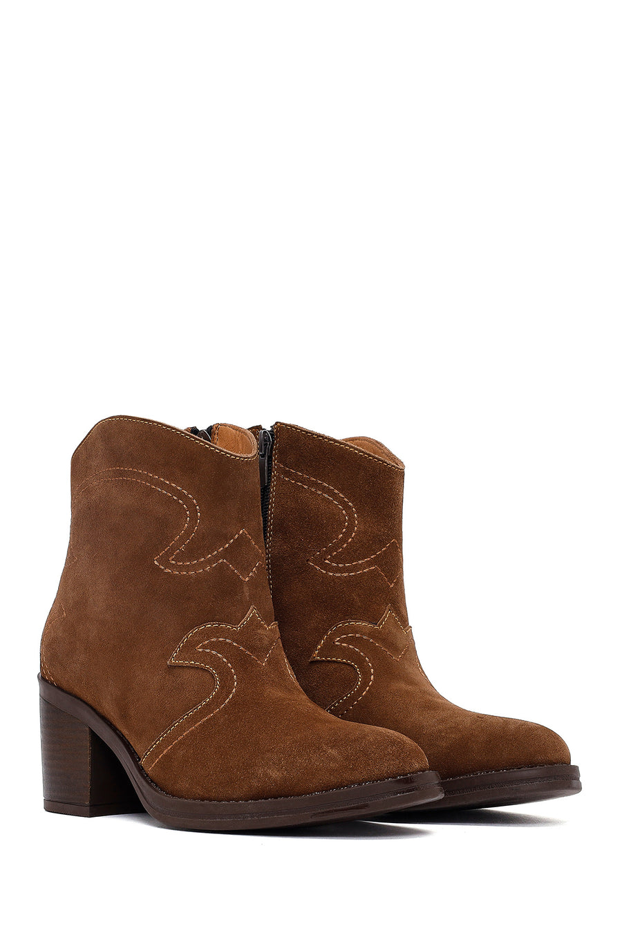 Woman Tan Suede Chunky Heel Leather Cowboy Boots